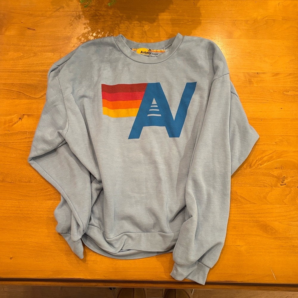 Aviator Nation Logo Relaxed Sky Blue Crewneck — M